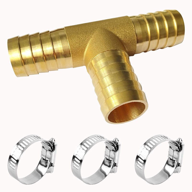 YOUHO Brass Hose barb Fitting 3-Way Tee Hose Fitting (1 inch brass tee connector, 1pcs,)(3pcs Included Hose clamp)1PCS 1 inchï¼ˆ25MMï¼‰ - Image 1